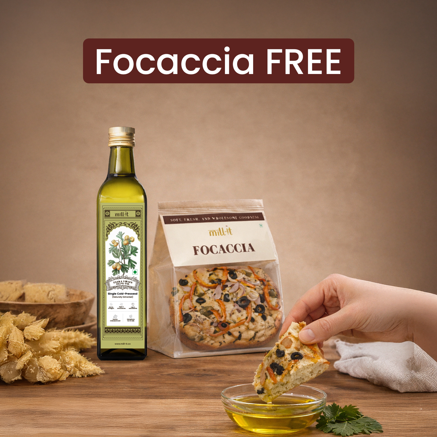Free Focaccia bread on 1000 ml Extra Virgin Olive Oil